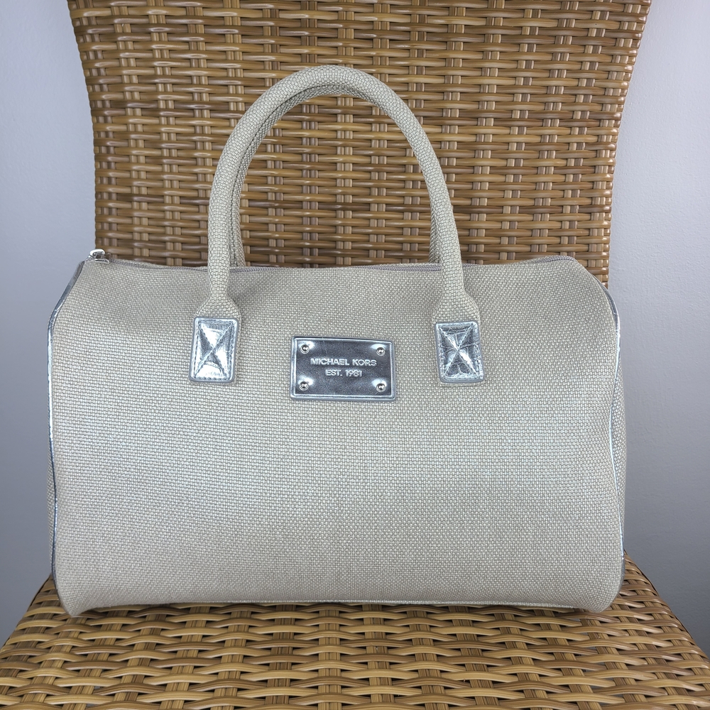 Michael Kors Large Canvas Satchel Tote Bag Gray Silver Toned Accents NWOT
